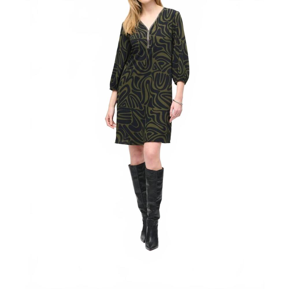 NEW JOSEPH RIBKOFF abstract print a-line dress in black/green